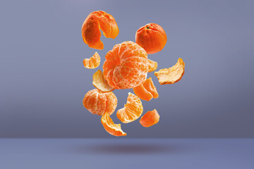 Peeled and whole tangerines fly in the air on a gray background. The concept of weightlessness....