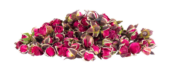 Heap of dry tea roses buds isolated on white background. Rose flower tea. Phnom Penh rose tea....