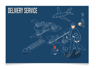 3D isometric Logistics and Delivery services concept with People delivering a box to a customer at home or office. Smart Logistics Business, Export and Import. Vector illustration eps10