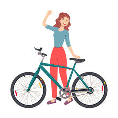 Obraz premium Morning routine of female character riding a bicycle, vector illustration. Daily life of woman, girl waking up isolated on white background