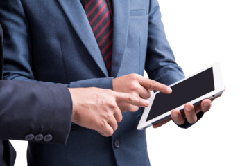 businessman using a touch screen or tablet device against white background