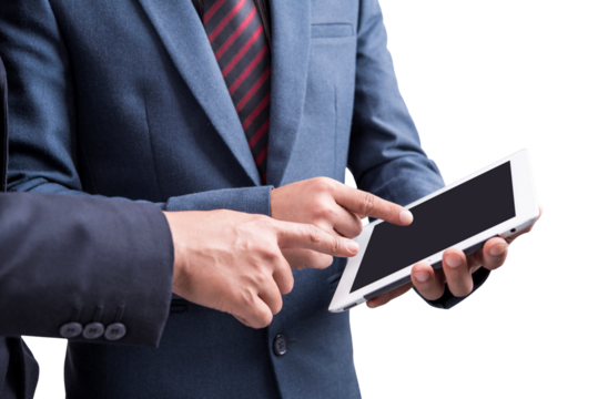 businessman using a touch screen or tablet device against white background