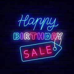 Happy Birthday Sale neon signboard. Special offer label. Light advertising. Vector stock illustration