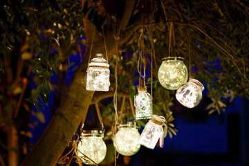 オリーブの木に飾られたボトルライト　イルミネーション　キラキラの背景　クリスマスの背景