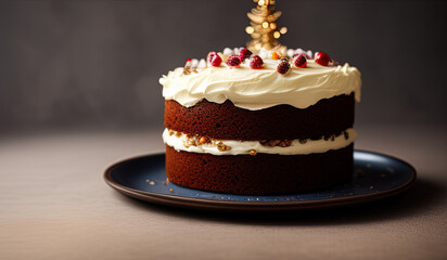 Obraz na płótnie Canvas Advertising professional food photography close up of a christmas cake with a slice taken out, festive poster image - AI Generated