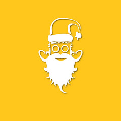 Vector white silhouette of Santa Claus with shadow isolated on orange background. Santa Claus icon, print, badge and label design template. Funky christmas old man character with beard and mustache
