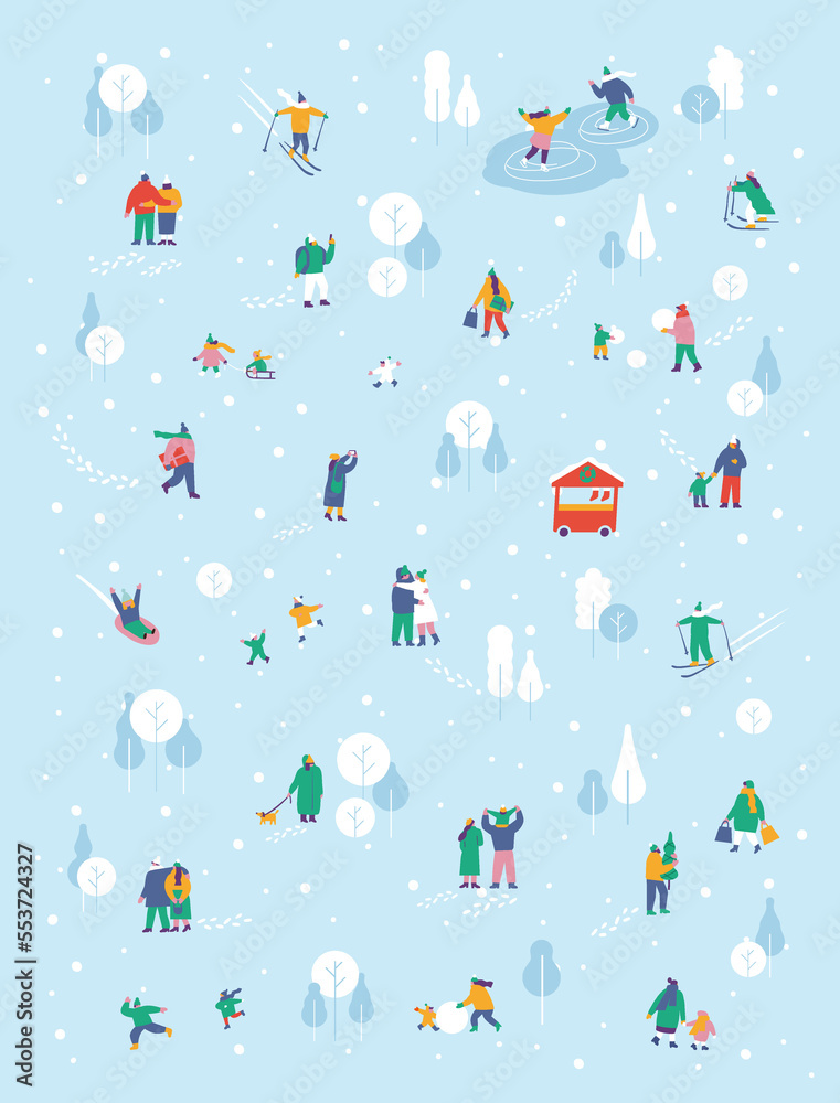 Wall mural Winter people outdoor activities flat illustration