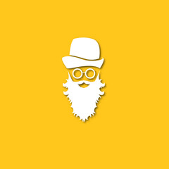 Vector white silhouette of Santa Claus with shadow isolated on orange background. Santa Claus icon, print, badge and label design template. Funky christmas old man character with beard and mustache