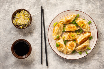 Gyoza, japanese pan-fried dumplings, on light background. 