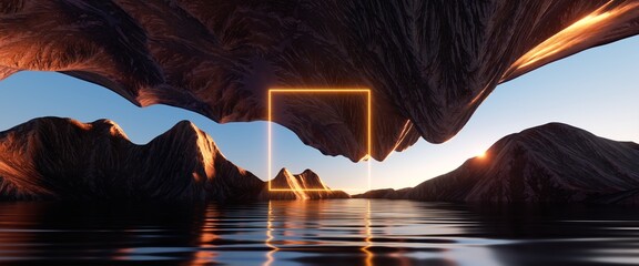 3d render, neon square frame glowing over the futuristic landscape with cliffs and water, sunset or sunrise. Modern minimal abstract background. Spiritual zen wallpaper - obrazy, fototapety, plakaty