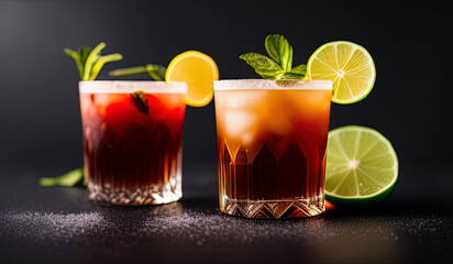 professional food photography close up of an Exotic cocktails in a dark interior  - AI Generated