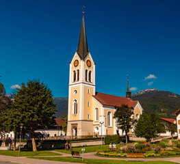 Fototapeta na wymiar Beautiful church at the famous Kleinwalsertal valley, Riezlern, Vorarlberg, Austria
