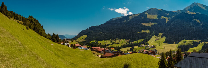 Fototapeta na wymiar High resolution stitched panorama at the famous Zafernalift, Kleinwalsertal valley, Mittelberg, Vorarlberg, Austria