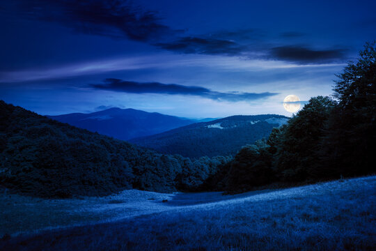 stunning mountain landscape in summer at night. forested hills and grassy meadows in full moon light. view in to the distant valley and ridge beneath a bright blue sky with some clouds