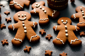 professional food photography close up of a Three gingerbread man cookies fall onto a pile of chocolate gingerbread man cookies  - AI Generated