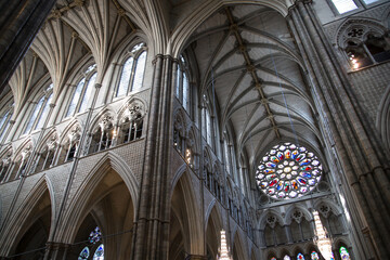 London, UK. North Transept view and Rose Window of the Collegiate Church of Saint Peter at...