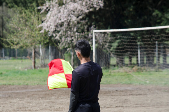 soccer referee, standing with a pennant in his hand. football referee on the field