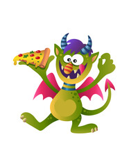 Bat monster cartoon holding pizza illustration