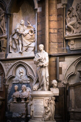  Poet's corner of Westminster Abbey, where high numbers of poets, play writers were berried. London, UK
