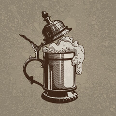 Brown artistic hand drawn beer metal mug with cap on beige dirty grunge splats background. RGB EPS 10 vector illustration