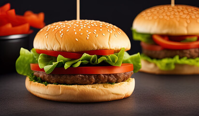 professional food photography close up of an hamburger with with lettuce and tomato on a black background - AI Generated 
