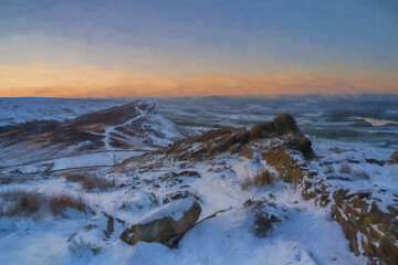 Digital painting of a Hen Cloud winter sunrise and snow at The Roaches, Staffordshire.