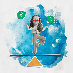 Contemporary art collage. Young girl, employee balancing between good ideas and money. Earning...