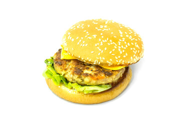 Homemade pork burger with cheese isolated on white background