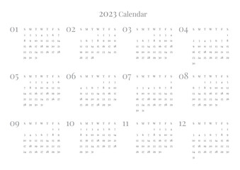 This is a simple style annual planner with a year 12 month calendar for 2023. Note, scheduler, diary, calendar planner document template illustration.