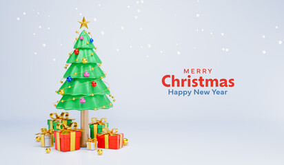 3D Rendering. Celebration concept. The magnificent Christmas tree has many decorations and gift boxes 3d. a festival of boxes of presents. Merry Christmas, Marry New Year, Xmas. Horizontal