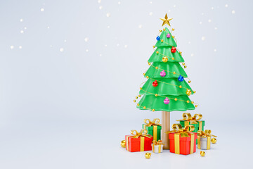 3D Rendering. Celebration concept. The magnificent Christmas tree has many decorations and gift boxes 3d. a festival of boxes of presents. Merry Christmas, Marry New Year, Xmas. Free space