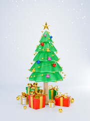 3D Rendering. Celebration concept. The magnificent Christmas tree has many decorations and gift boxes 3d. a festival of boxes of presents. Merry Christmas, Marry New Year, Xmas. Vertical