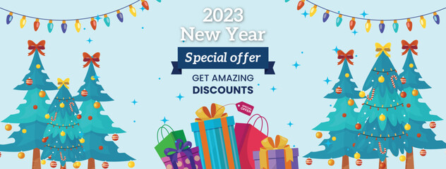 Colorful social media banner, modern, special offers, new year, christmas, fun, playful, gift