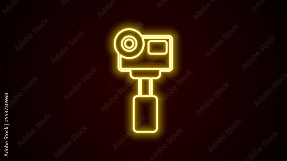 Poster Glowing neon line Action extreme camera icon isolated on black background. Video camera equipment for filming extreme sports. 4K Video motion graphic animation