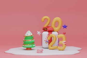 Happy New Year tree and Yellow number sign 2023. Merry Christma festive. 3d rendering