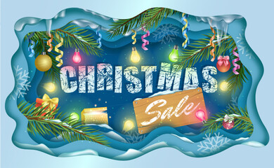 Christmas sale. Festive winter banner. Seasonal discounts. Vector illustration.