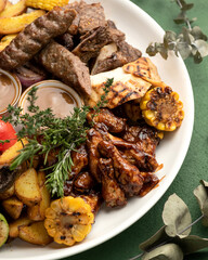 Grilled meat with grilled vegetables, sauce and herbs. Dish on white plate on green background. Grill menu. Grilled food. Close-up.