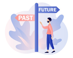 Fototapeta na wymiar Past and future concept. Tiny man choice between past and future. Business alternative. Move forward metaphor. Modern flat cartoon style. Vector illustration on white background