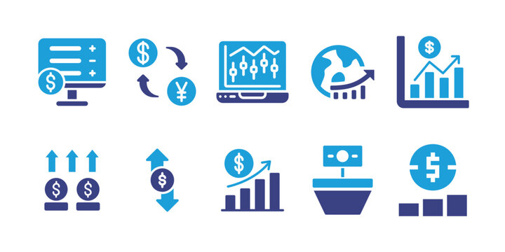 Stock exchange icon set. Vector illustration. Containing stock exchange app, stock market, forex, global economy, profits, growth, finance