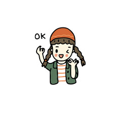 Cartoon character girl in a green shirt shows okay with both hands.