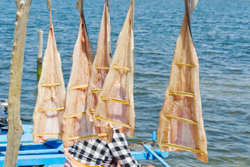 Croatia. fish on a drying rack along the adriatic sea. Fisherman dried fish on the sun. traditional fishing in croatia.