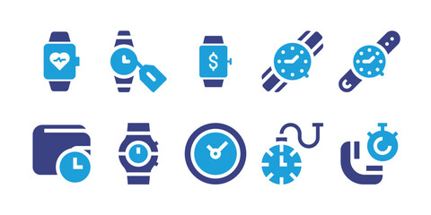 Watch icon set. Vector illustration. Containing watch, smart watch, stop watch, pocket watch, clock, wallet, wristwatch