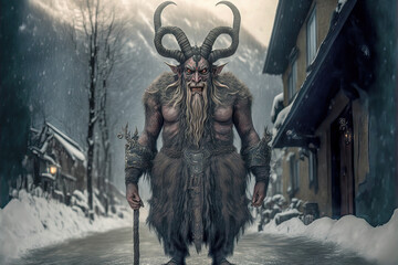 Fototapeta premium Krampus Krampusbrauch Schimmelreiter Krampuslauf in Bayern Österreich Tschchien Erstellt durch Generative AI AI Art Digital Art Illustration