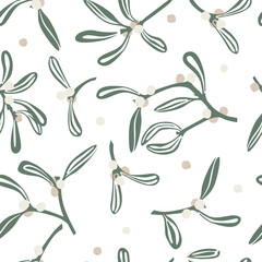 Mistletoe branches vector seamless pattern. White mistletoe Christmas background for fabric, wallpaper, packaging, textile, web design
