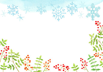 水彩の南天と雪の冬フレーム