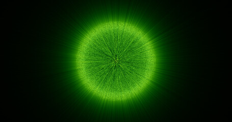 Abstract unusual beautiful bright glowing explosion of a star of a green ball of a sphere of small particles with rays in space background