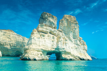 Amazing white cliffs and crystal clear water in Kleftiko Bay, Milos Island,  Greece