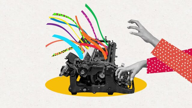 Stop motion, animation. Female hand typing on retro typewriter. Vintage, retro 80s, 70s style. Bright colors.