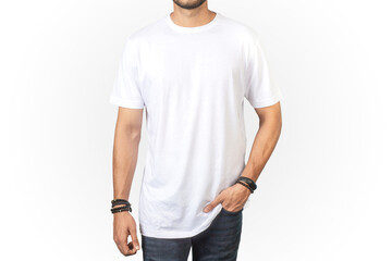 Handsome man in white tshirt isolated on grey background, smiling, standing with open hands, mockup template for design print