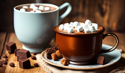professional food photography close up of a cup of hot chocolate with marshmallows in it, on a wooden table  - AI Generated
